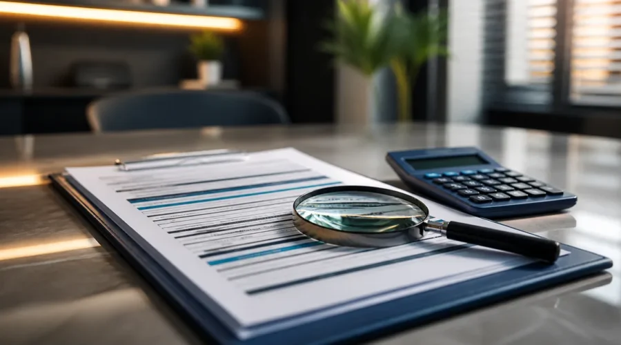 Contrato de crédito analisado com lupa e calculadora