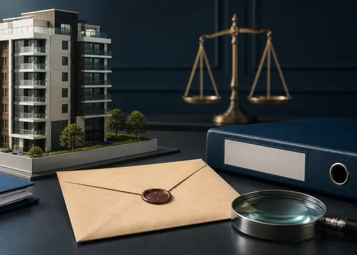 Prédio, pasta, envelope e lupa em mesa de análise condominial