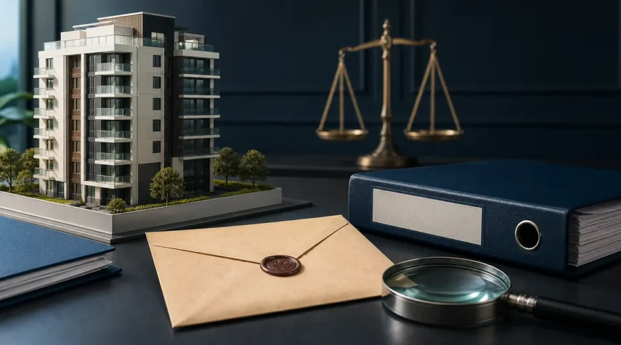 Prédio, pasta, envelope e lupa em mesa de análise condominial