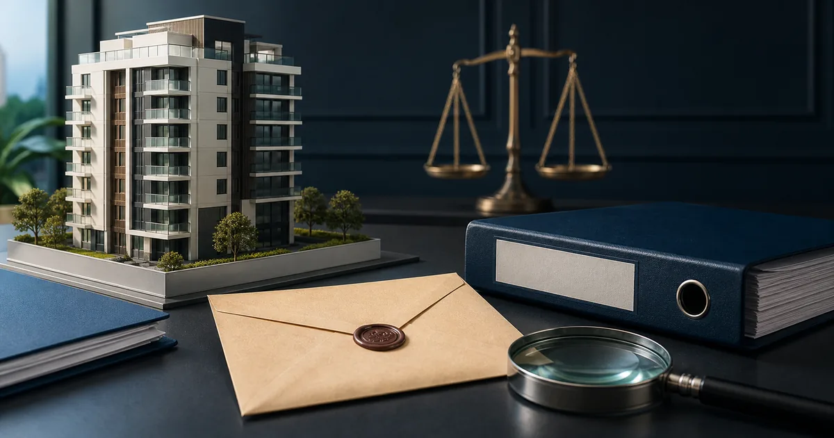 Prédio, pasta, envelope e lupa em mesa de análise condominial