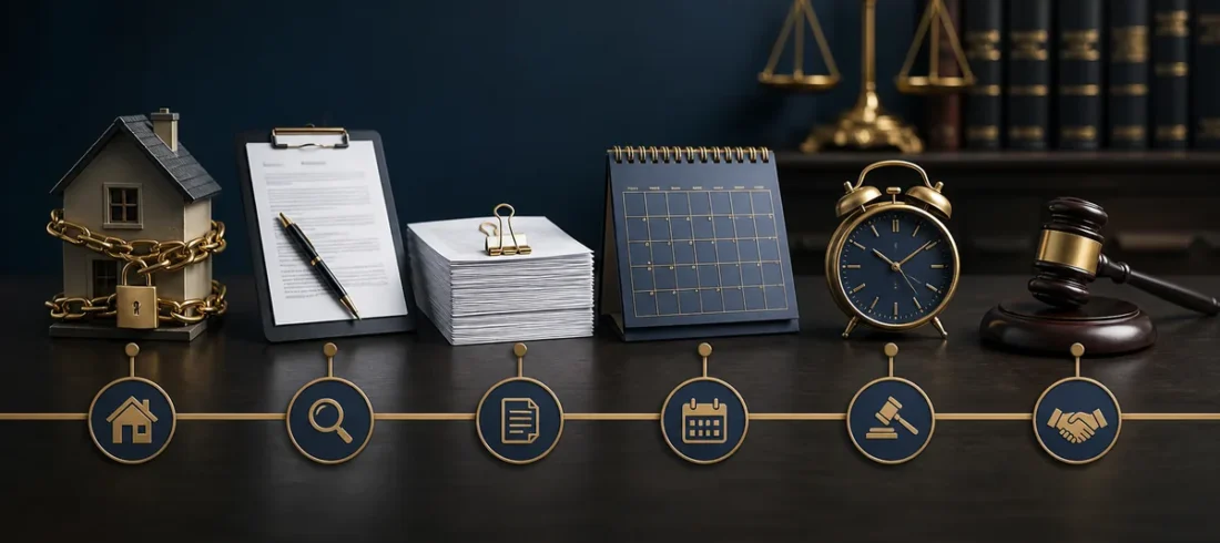 Linha do tempo com imóvel, documentos, calendário, relógio e martelo judicial