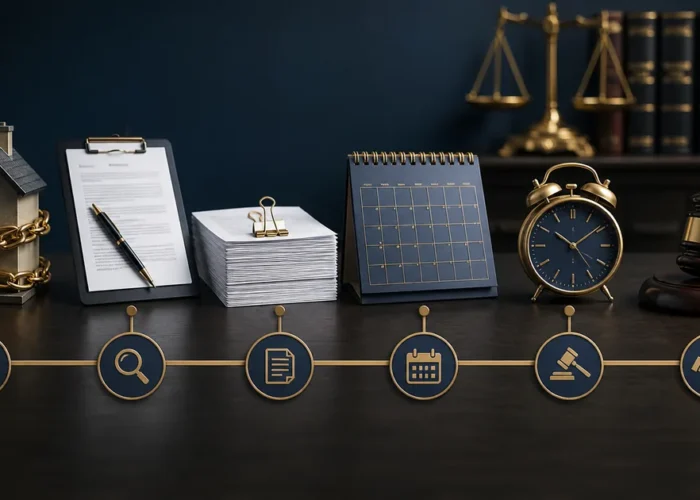 Linha do tempo com imóvel, documentos, calendário, relógio e martelo judicial