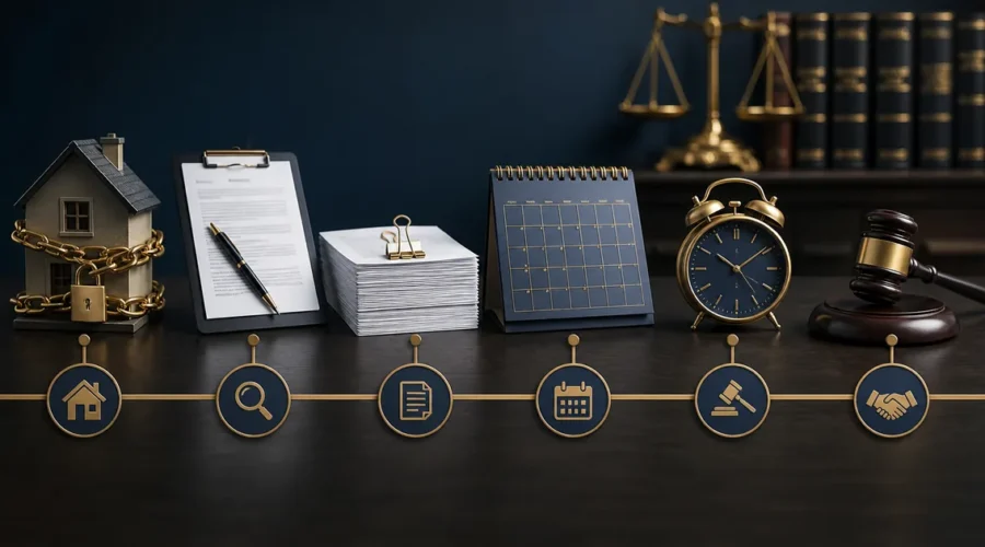 Linha do tempo com imóvel, documentos, calendário, relógio e martelo judicial