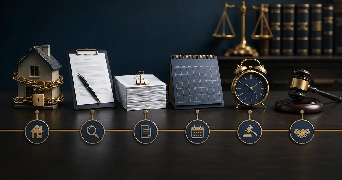 Linha do tempo com imóvel, documentos, calendário, relógio e martelo judicial