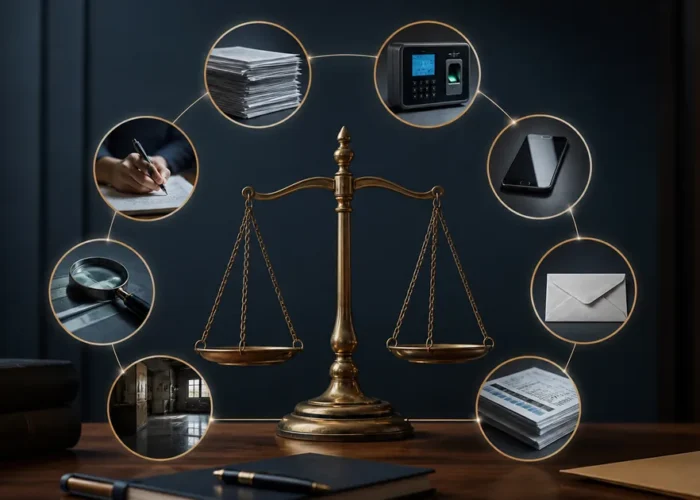 Balança da justiça cercada por oito tipos de prova documental e digital