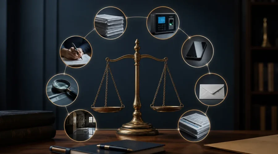 Balança da justiça cercada por oito tipos de prova documental e digital