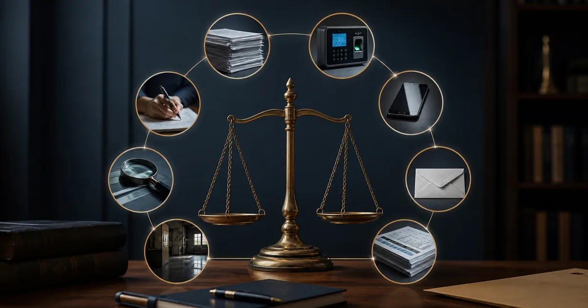 Balança da justiça cercada por oito tipos de prova documental e digital