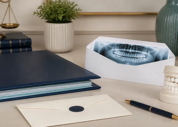 Documentos, radiografia e modelo dentário em mesa de análise jurídica