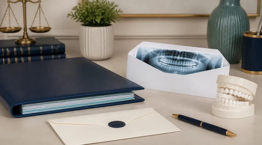 Documentos, radiografia e modelo dentário em mesa de análise jurídica
