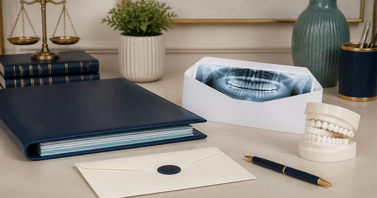 Documentos, radiografia e modelo dentário em mesa de análise jurídica