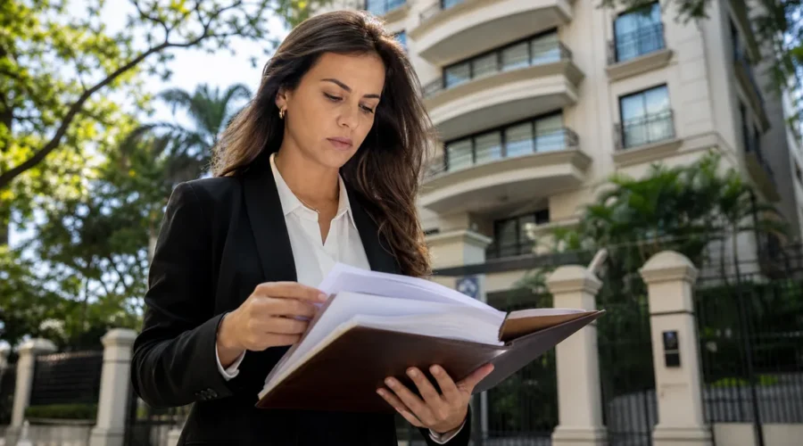Advogada revisa documentos diante de imóvel relacionado a leilão