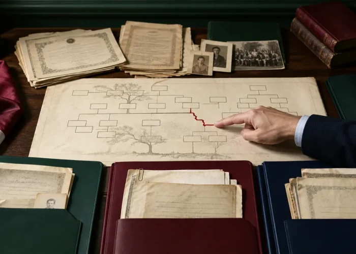 Ponto de ruptura em árvore genealógica com documentos organizados