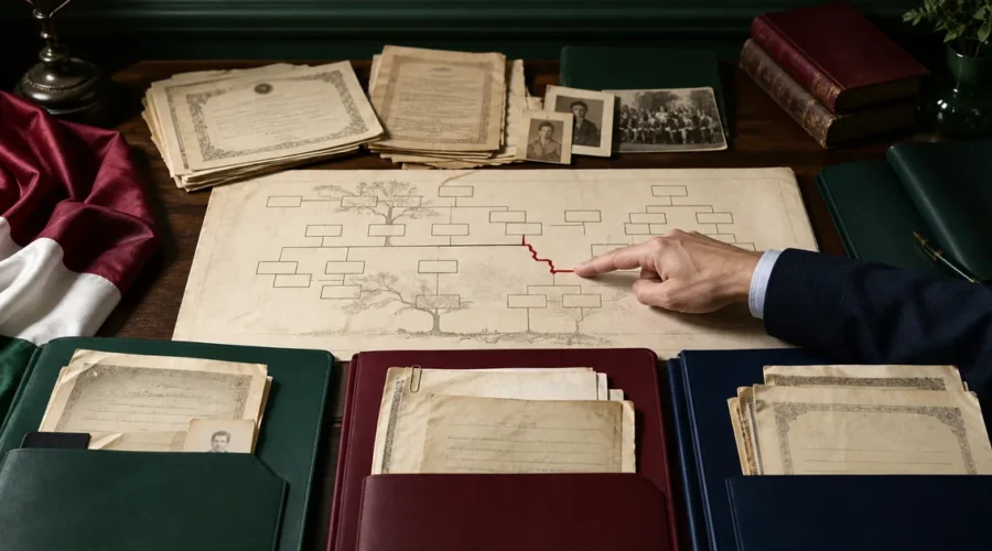 Ponto de ruptura em árvore genealógica com documentos organizados