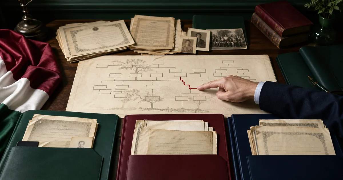 Ponto de ruptura em árvore genealógica com documentos organizados