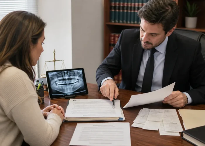 Paciente analisa documentos de tratamento odontológico com advogado