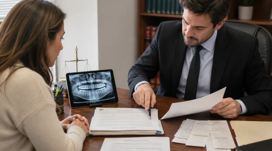 Paciente analisa documentos de tratamento odontológico com advogado