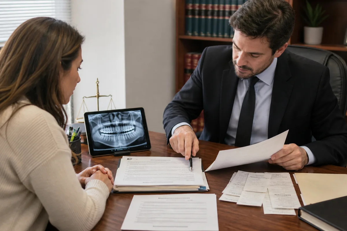 Paciente analisa documentos de tratamento odontológico com advogado