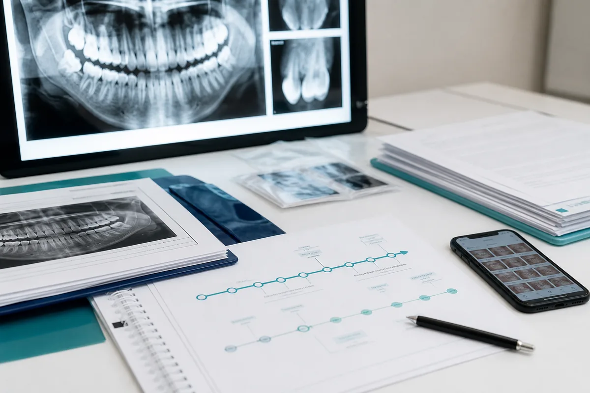 Prontuário, radiografias e linha do tempo organizados para provar erro de dentista