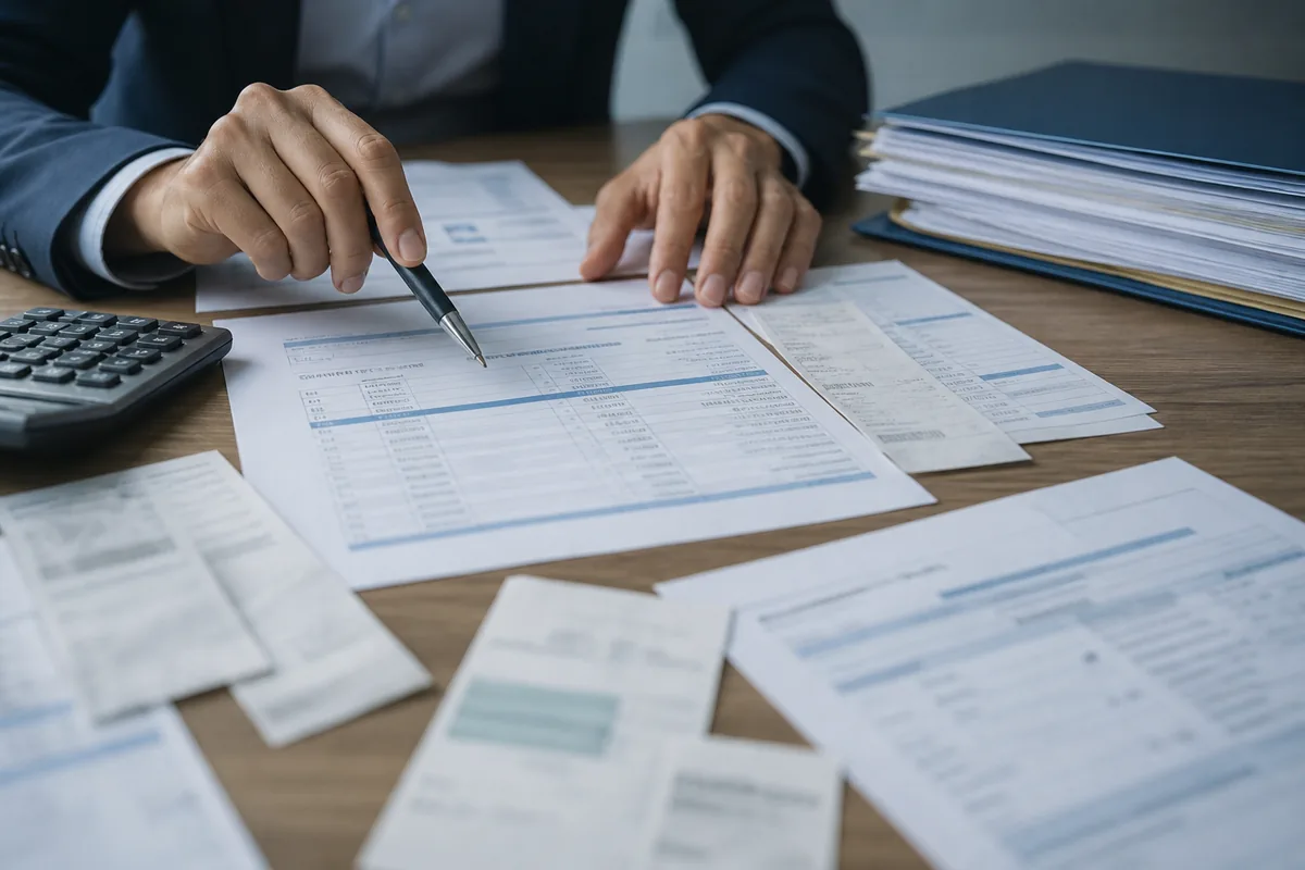 Documentos bancários e calculadora usados para comprovar a origem dos valores
