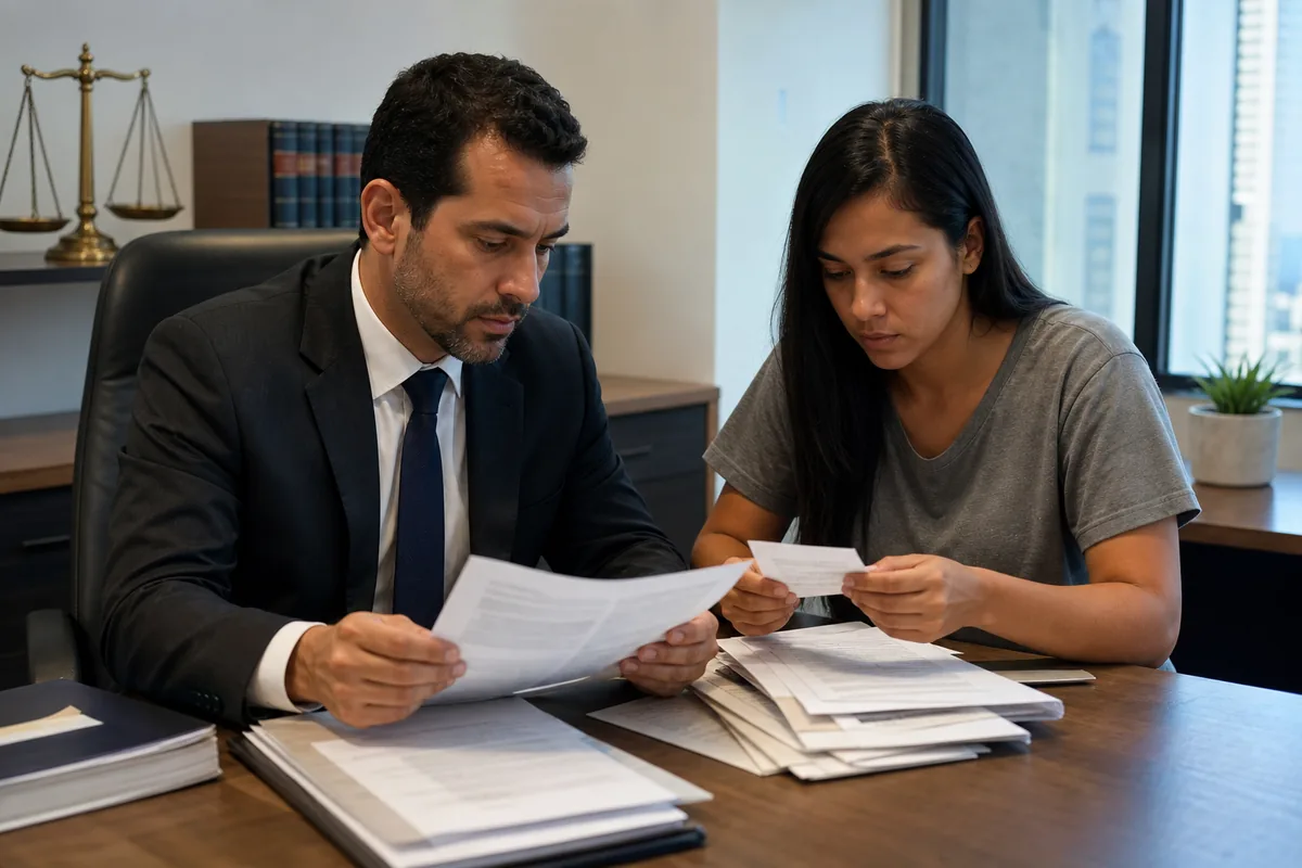 Advogado e trabalhadora organizam documentos do processo trabalhista