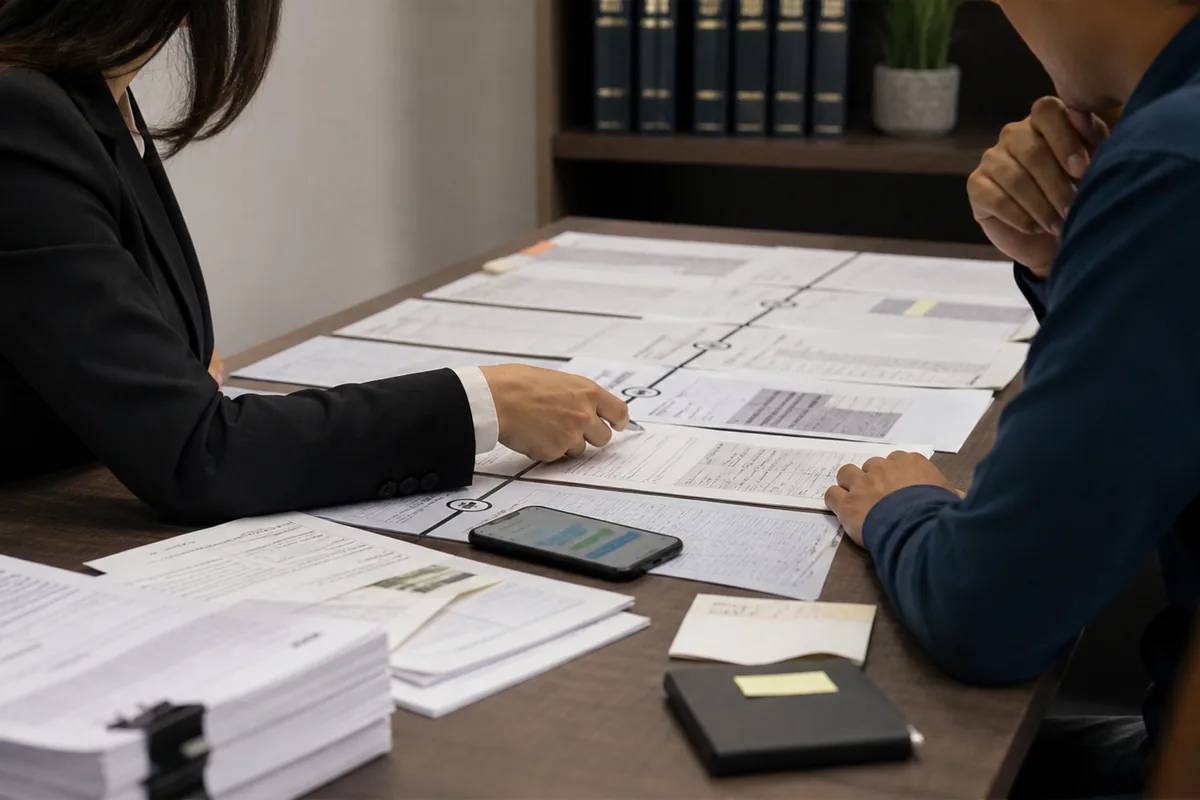 Advogada e trabalhador organizam documentos e mensagens em linha do tempo