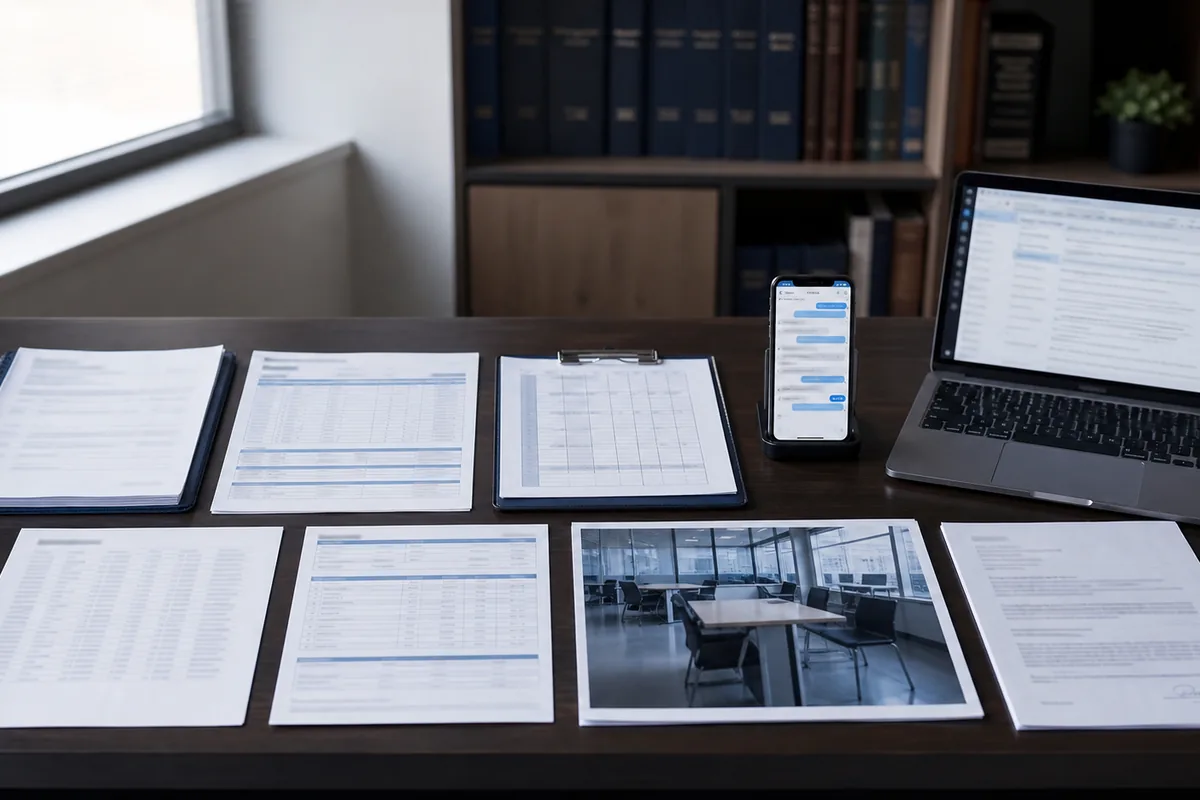 Documentos, registros de ponto, mensagens, e-mails e fotos organizados como prova
