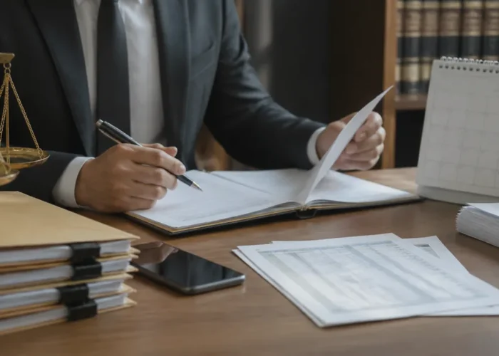Advogado revisa documentos e calendário de audiência trabalhista