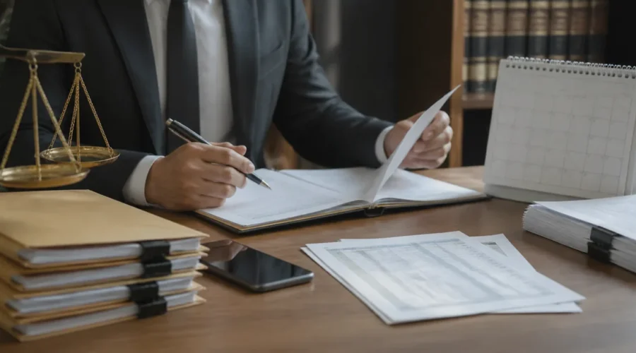 Advogado revisa documentos e calendário de audiência trabalhista