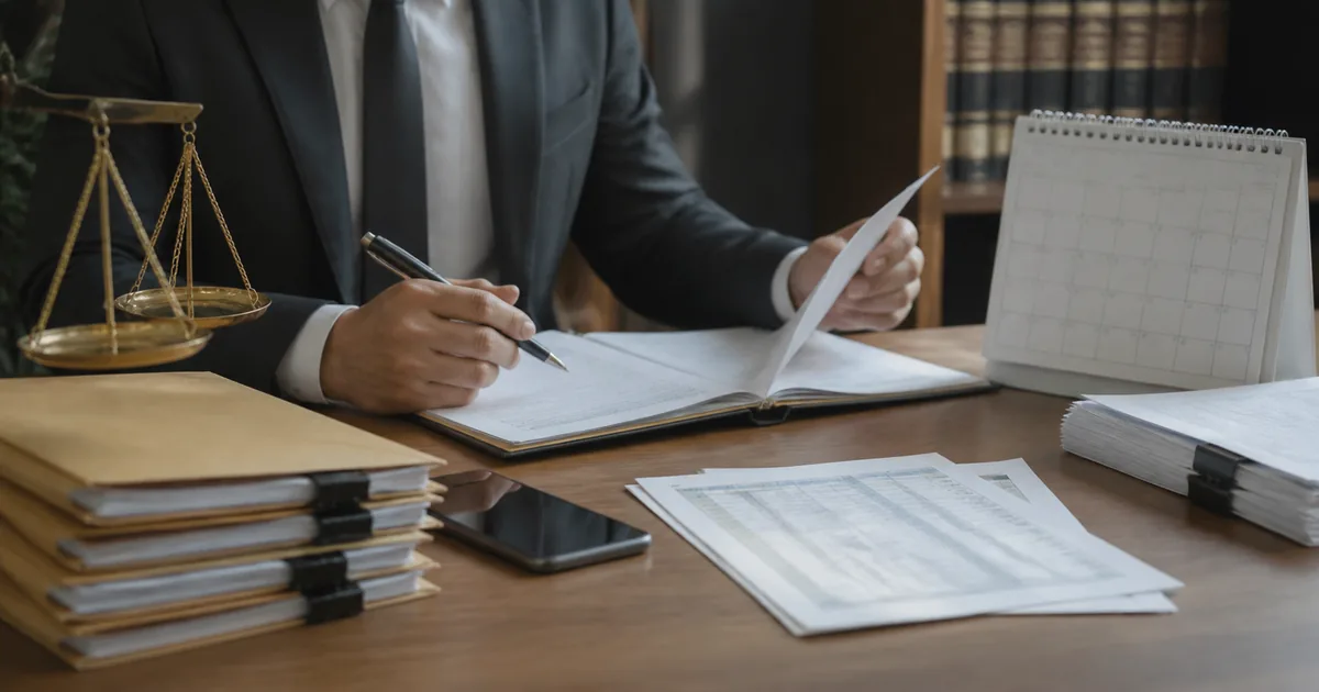 Advogado revisa documentos e calendário de audiência trabalhista