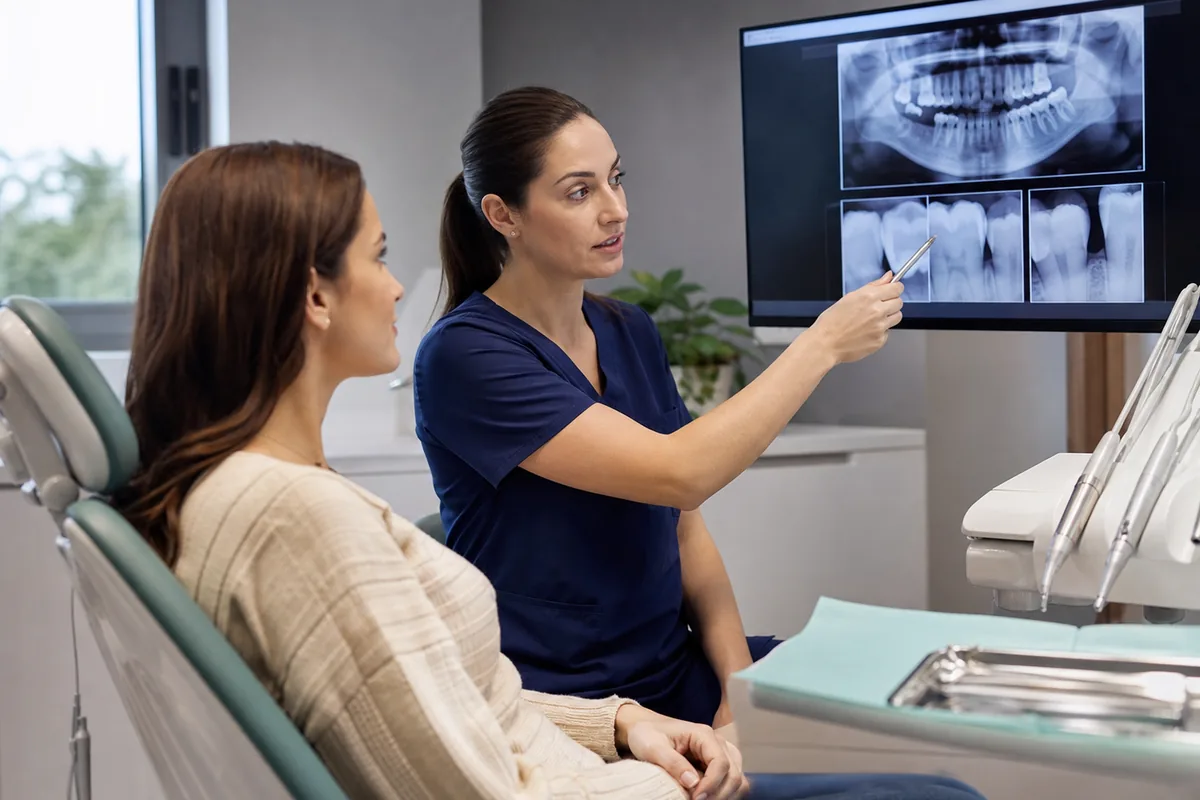 Paciente conversa com dentista sobre resultado do tratamento odontológico