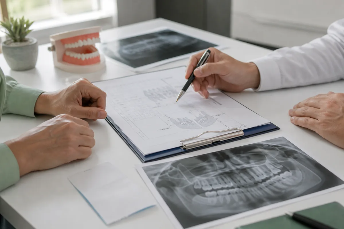 Prontuário, radiografias e comprovantes de tratamento odontológico sobre uma mesa