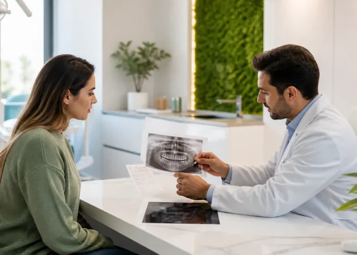 Dentista explica radiografia a paciente durante consulta sobre tratamento odontológico