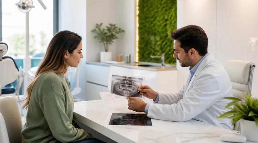 Dentista explica radiografia a paciente durante consulta sobre tratamento odontológico
