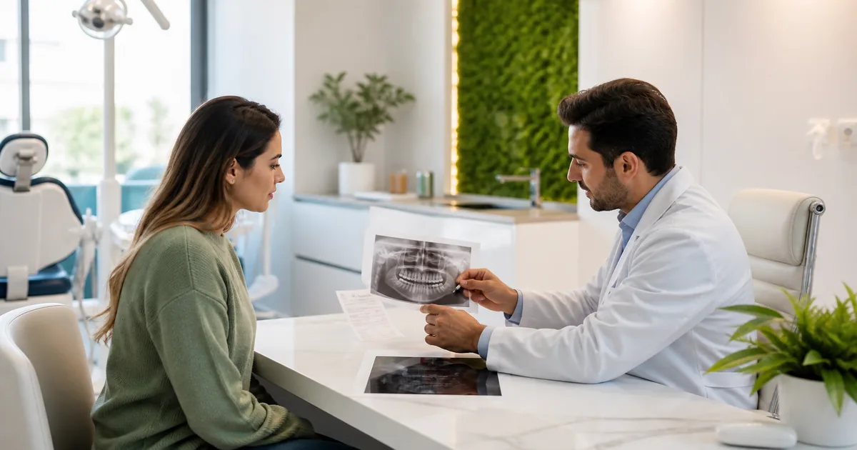 Dentista explica radiografia a paciente durante consulta sobre tratamento odontológico