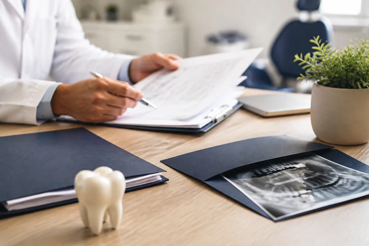 Prontuário, radiografia e modelo dentário analisados em consultório