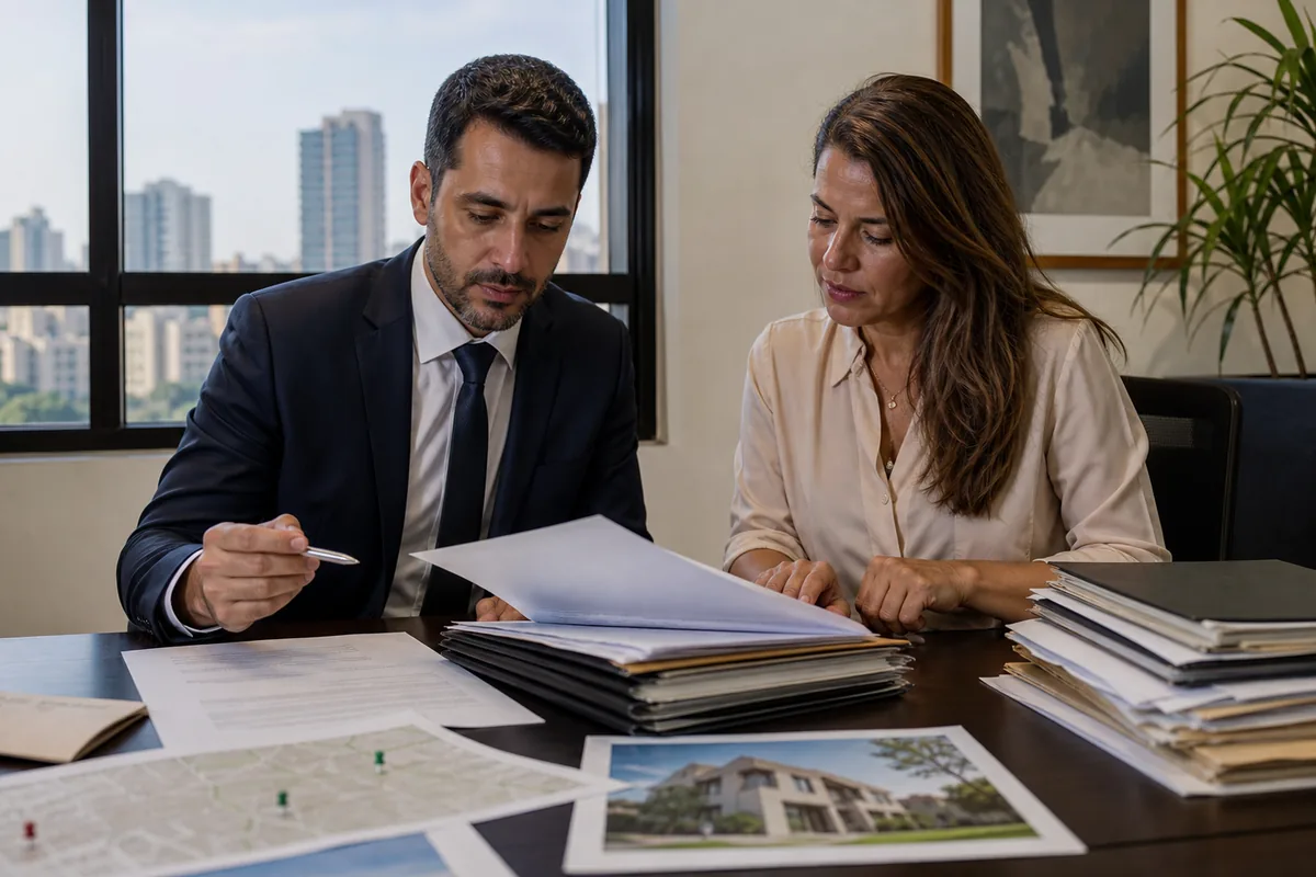Advogado e cliente analisam documentos e provas de imóvel