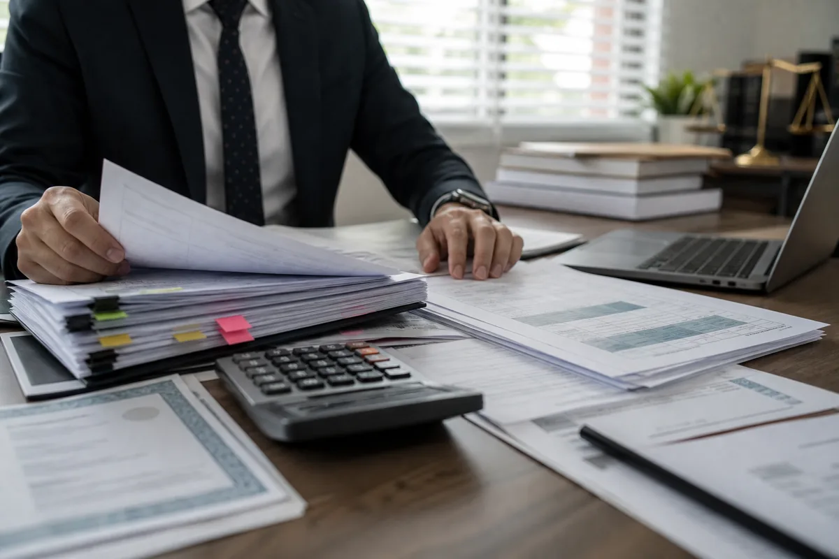 Advogado organizando documentos e cálculos de administração do inventário