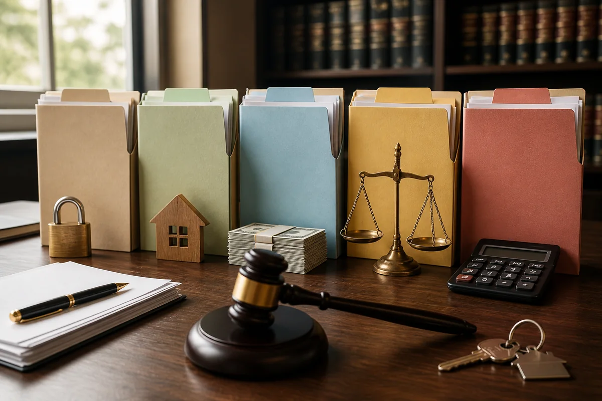 Pastas e objetos representam diferentes resultados jurídicos após um leilão