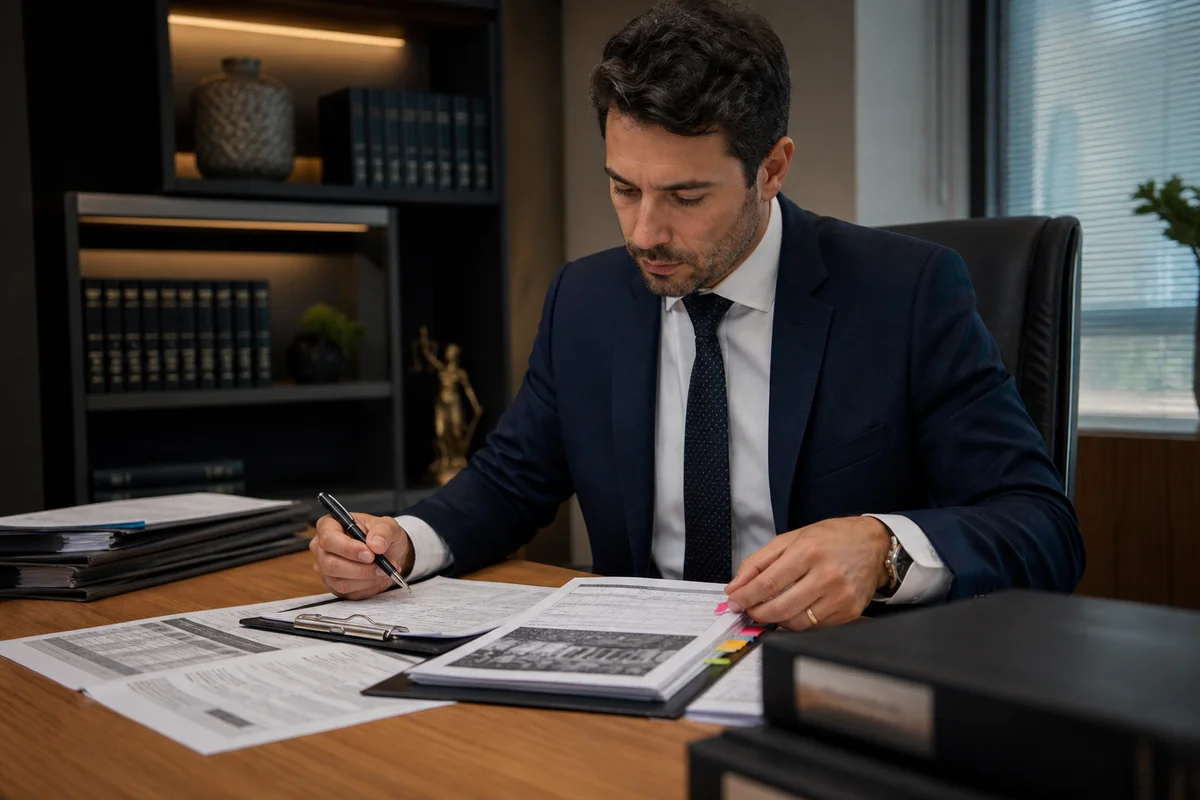 Advogado revisa edital de leilão com documentos e marcações por cláusula