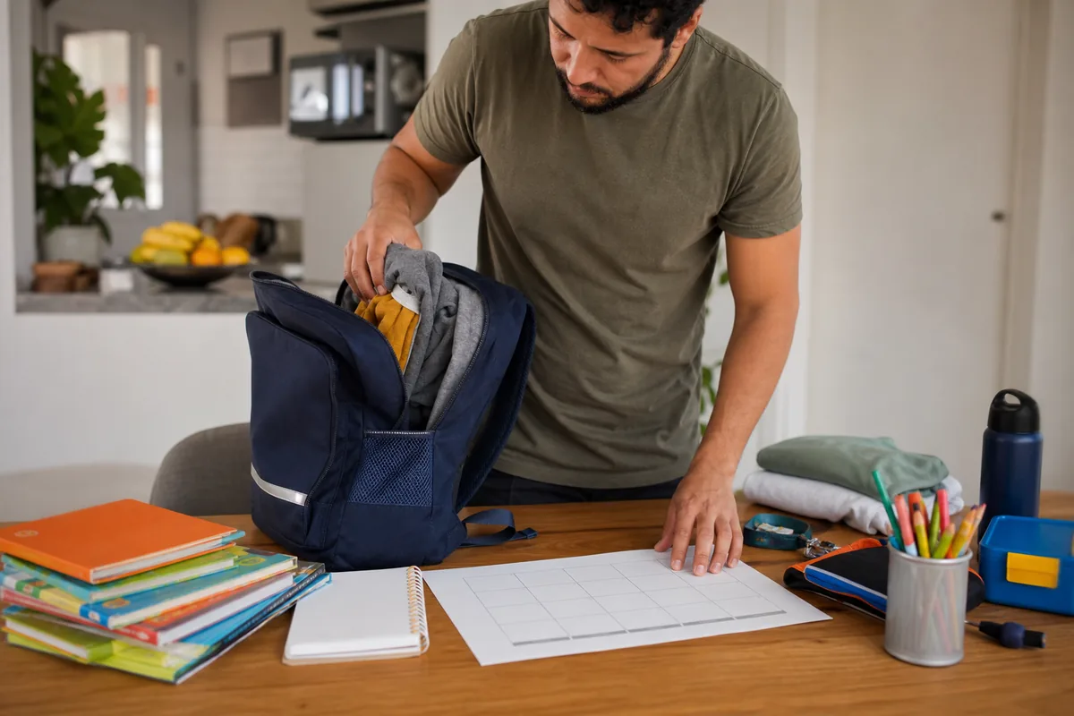 Pai organiza mochila e calendário de convivência do filho