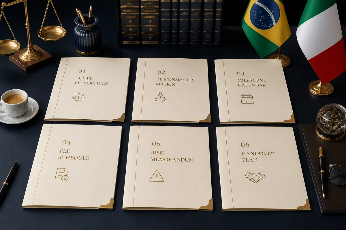 Seis pastas de escopo, responsabilidades, calendário, valores, riscos e entrega