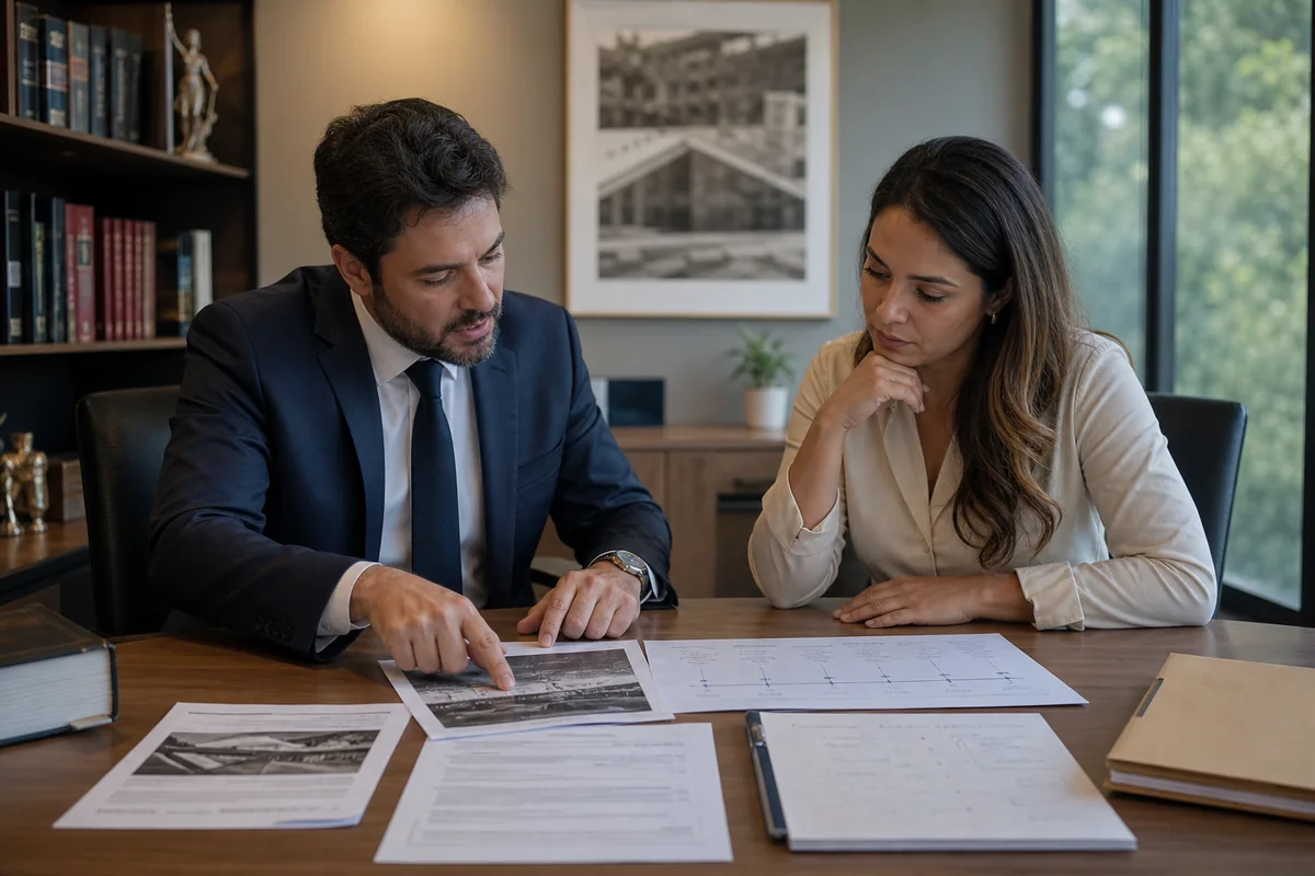 Advogado e cliente analisam documentos e cronologia de um leilão imobiliário