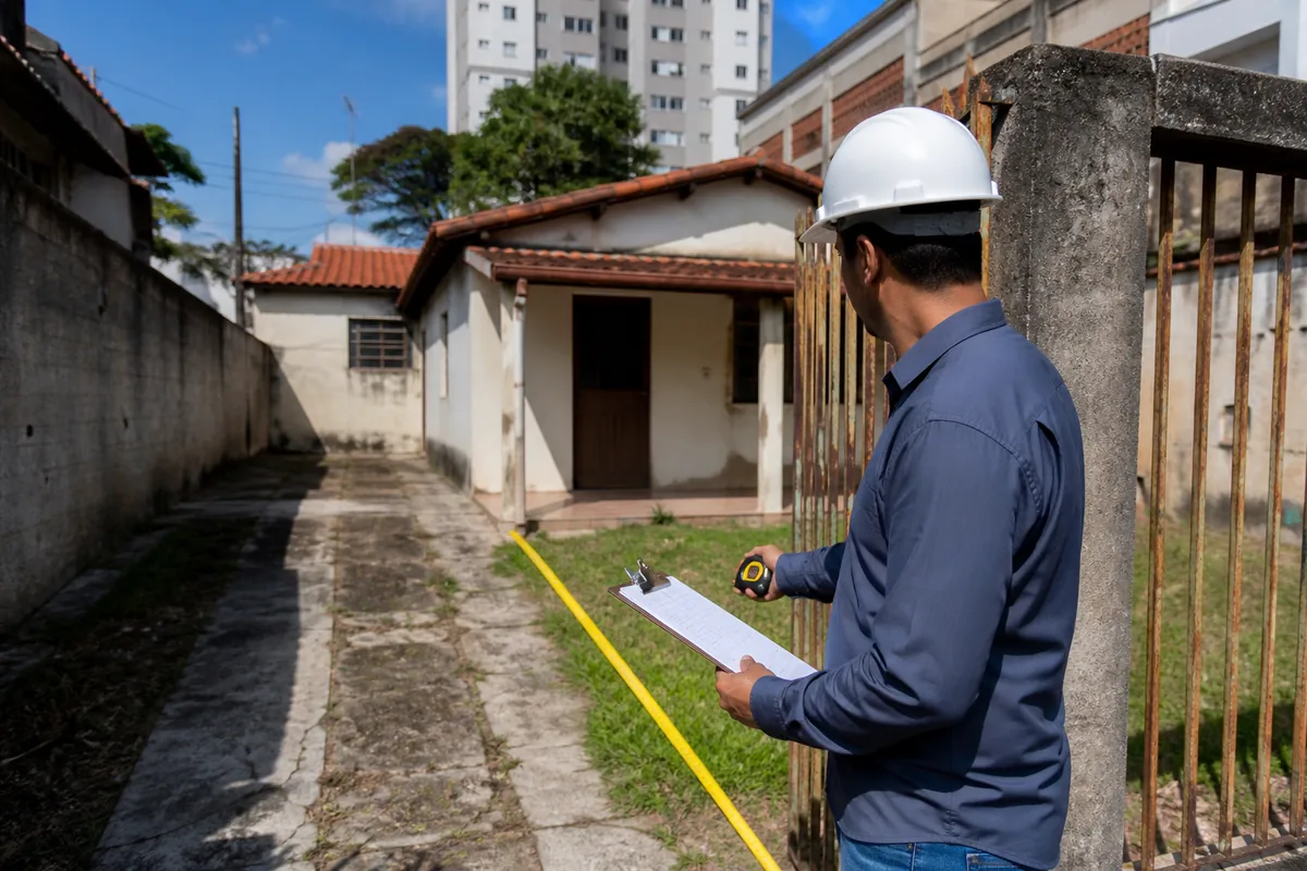 Profissional medindo limites de imóvel urbano para usucapião