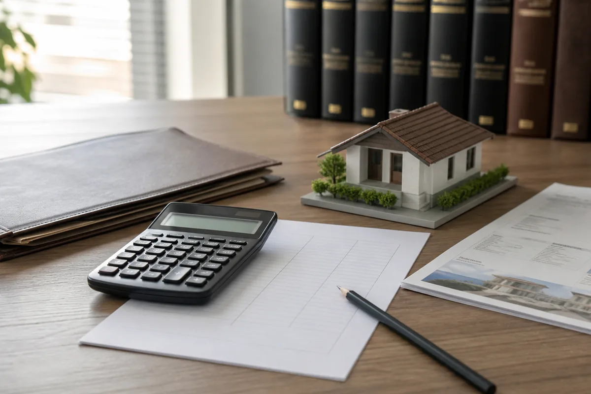 Mesa com calculadora e documentos para calcular valor de ação imobiliária