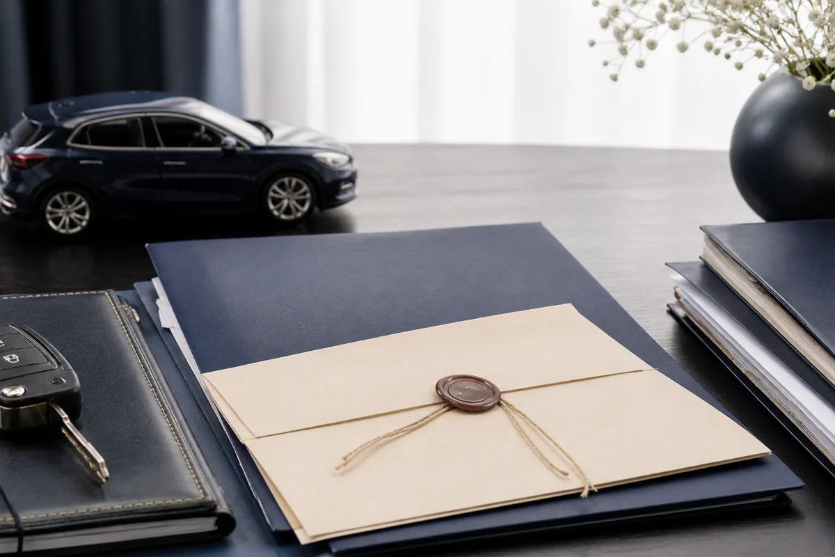 Chave de carro, veículo e documentos sucessórios organizados sobre mesa