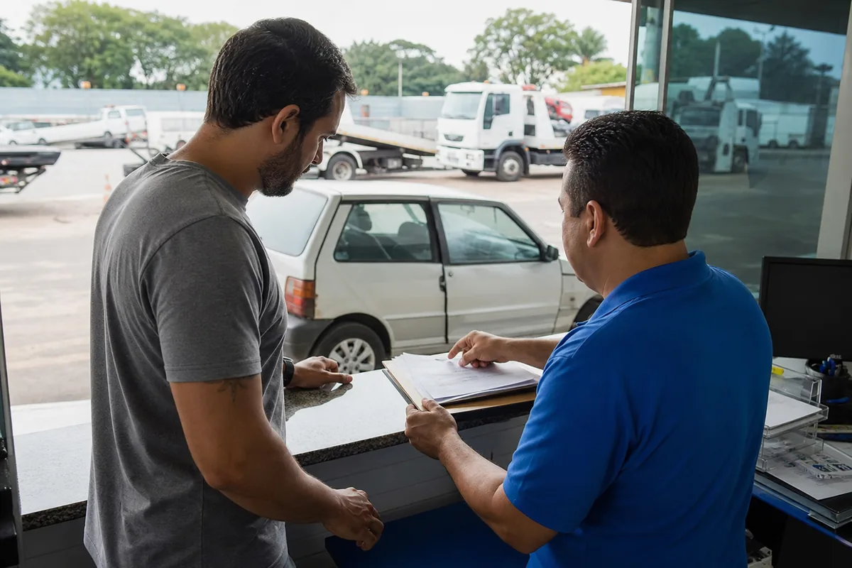 Proprietário confere documentos para liberar veículo no pátio