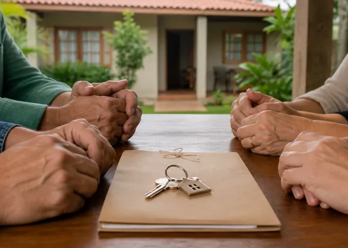 Herdeiros reunidos diante de casa com chaves e documentos do imóvel