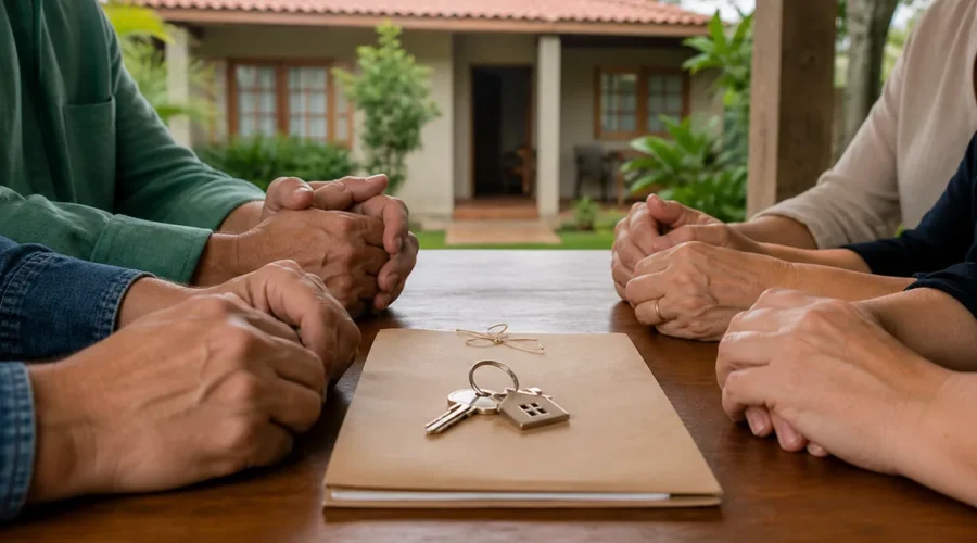Herdeiros reunidos diante de casa com chaves e documentos do imóvel
