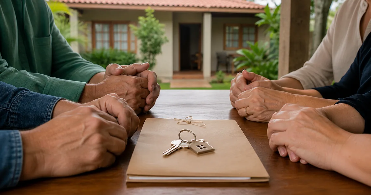 Herdeiros reunidos diante de casa com chaves e documentos do imóvel