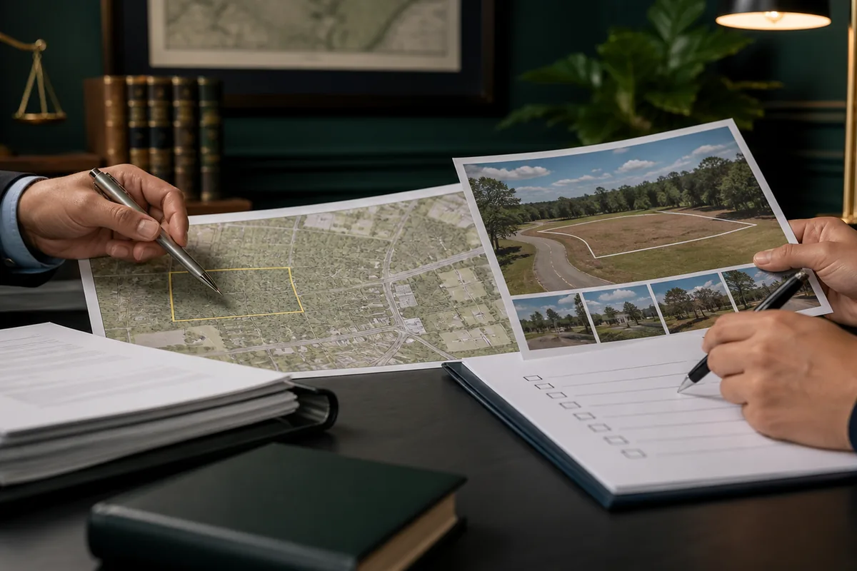 Profissionais comparam mapa, fotografias do lote e checklist do contrato